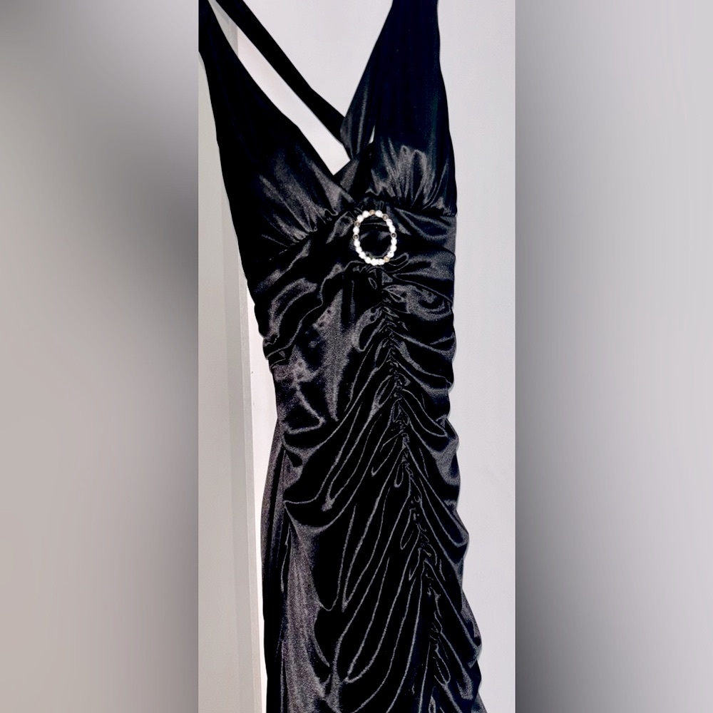 City Triangles Black Ruched Satin Evening Dress with rhinestone details